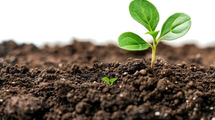 Fototapeta premium A young green plant sprout growing from rich dark soil, isolated on a white background.