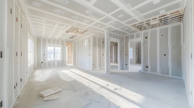 Drywall Installation During House Construction Process for Interior Finishing