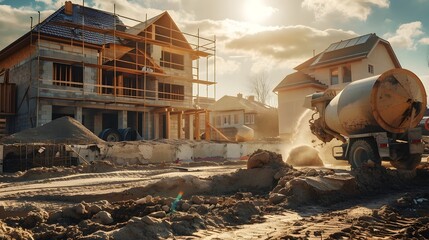 Fototapeta premium House Under Construction with Cement Mixer On-Site