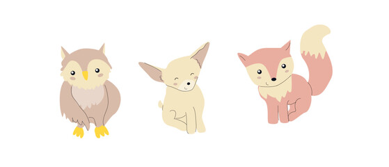 Cute fall animals and puppy collection. Bundle of pets in pastel colors. Scandinavian style.