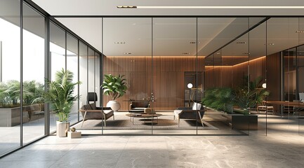 Elegant Modern Office Interior with Glass and Wooden Paneling