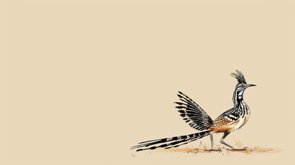 Fototapeta premium A bird with outstretched wings stands on a dirt ground against a light backdrop Its tail sports a black-and-white stripe
