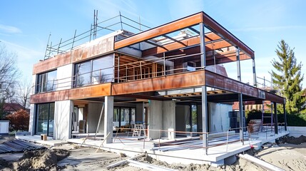 Metal Framework of a Modern House Under Construction on a Clear Day