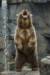 Fototapeta premium A large brown bear stands on its hind legs, mouth agape, in front of a thundering waterfall