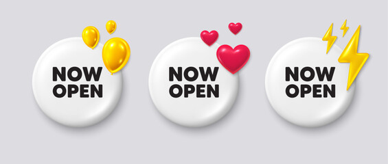 Now open tag. White buttons with 3d icons. Promotion new business sign. Welcome advertising symbol. Now open button message. Banner badge with balloons, energy, heart. Social media icons. Vector