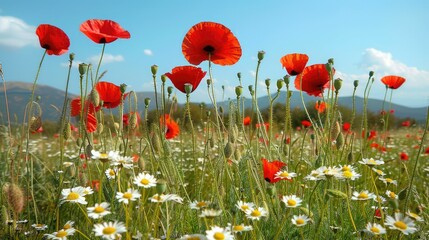 Obraz premium Red poppies and white daisies in a field, Spain