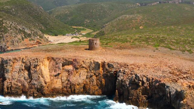 Aerial view on Cala Domestica Beach and landscape around. Sardinia,Italy