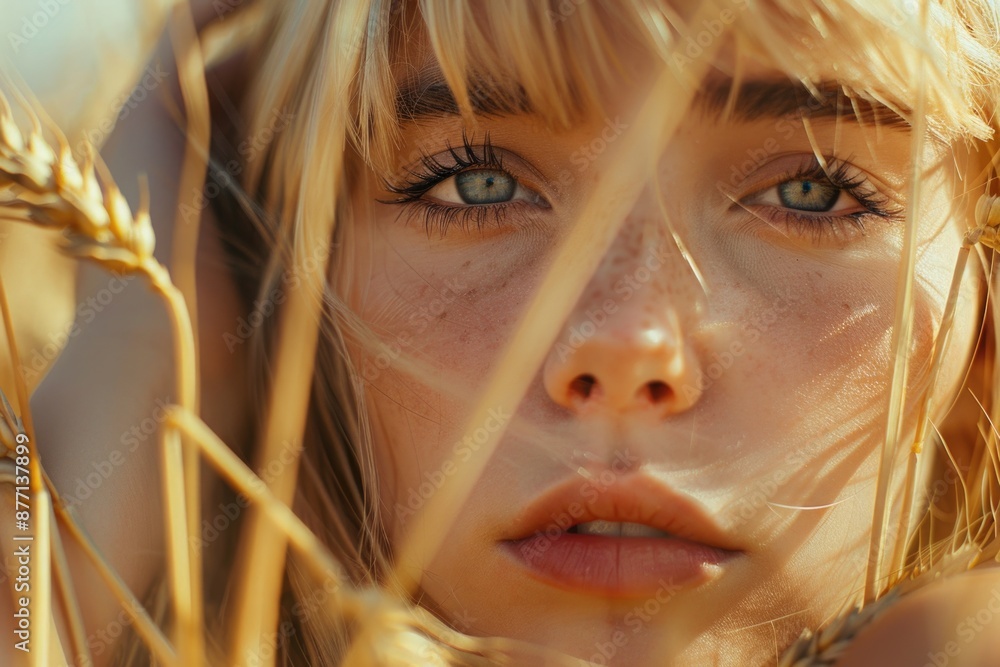Poster close-up portrait of a woman's face surrounded by golden wheat, suitable for use in editorial or com