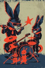  A band performing with a cat and dog by their drum kit in the image
