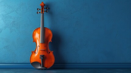 Fototapeta premium Wooden Violin Leaning Against a Blue Wall