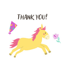 Childrens birthday card template. Celebration design for anniversary. Cute animal with gift.