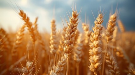 Ears of golden wheat close-up against the background of a stormy blue sky, for greeting cards Happy Independence Day of Ukraine, Constitution Day, websites, articles