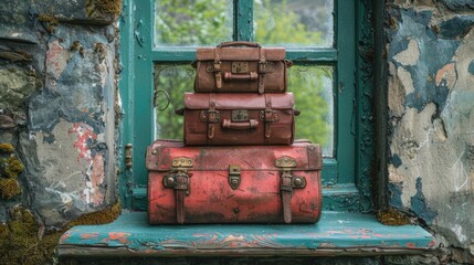 Three vintage suitcases stacked on a rustic windowsill with a weathered stone wall. Represents travel, history, and nostalgia.