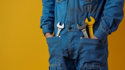 Mechanic holding tools in front of a yellow background