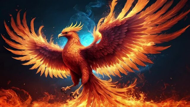 A phoenix rising from a fiery landscape embodies themes of rebirth and power. Generated with AI