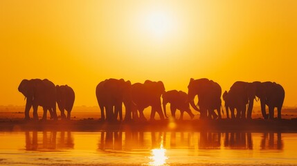 Fototapeta premium A herd of elephants congregated by a water body as the sun set behind them