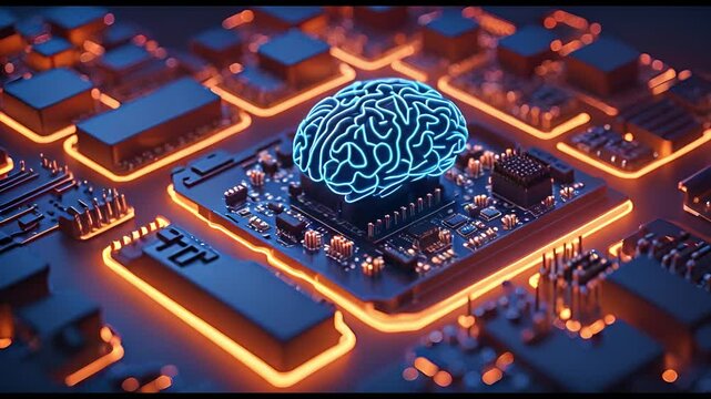 A hologram brain that glows above the circuit board and microchip computing unit. Motion image of generative AI and machine learning