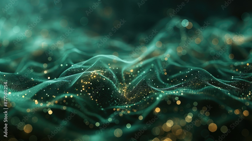 Poster the image is an abstract background with glowing green and gold particles. it could be used as a bac