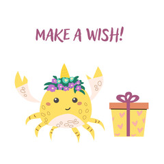 Childrens birthday card template. Celebration design for anniversary. Cute animal with gift.