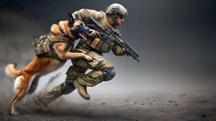 Fototapeta premium Military dog in action with his handler, war, anti-terrorism