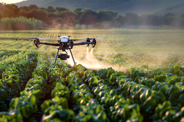 Capturing Modern Farming: Drone Silhouette at Sunrise. Digital modeern farming equipment in action under golden sunlight in countryside. Agricultural spraying or watering. Agriculture IOT industry.