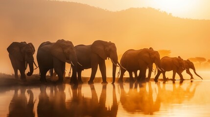 Fototapeta premium A herd of elephants walks by a fog-shrouded mountain, with a body of water reflecting their images in the foreground