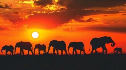  A herd of elephants atop a verdant field, beneath an expansive orange-blue sky, with the sun distant yet radiant