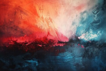 Fototapeta premium Vivid red and blue hues blend in this striking abstract painting, depicting creative texture and motion