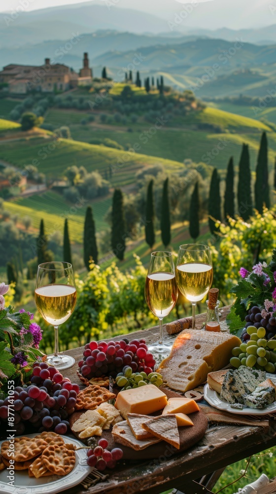 Aufkleber a lush vineyard in tuscany with rolling hills in the background. include a picnic setup with wine gl