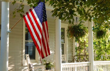 American Flag Hung on Porch