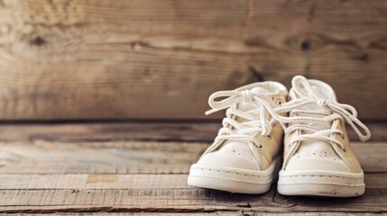 Infant shoes on wooden background with space for text