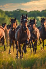 Fototapeta premium A herd of brown horses gallops across a grassy field dotted with trees in the background