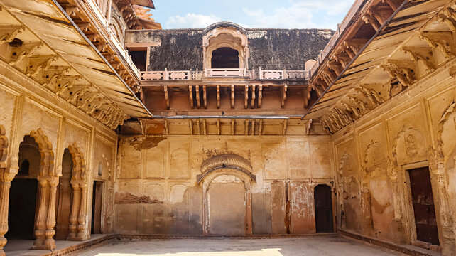 Beautiful architecture of Hardev Bhavan, Deeg Palace, Deeg, Rajasthan, India.