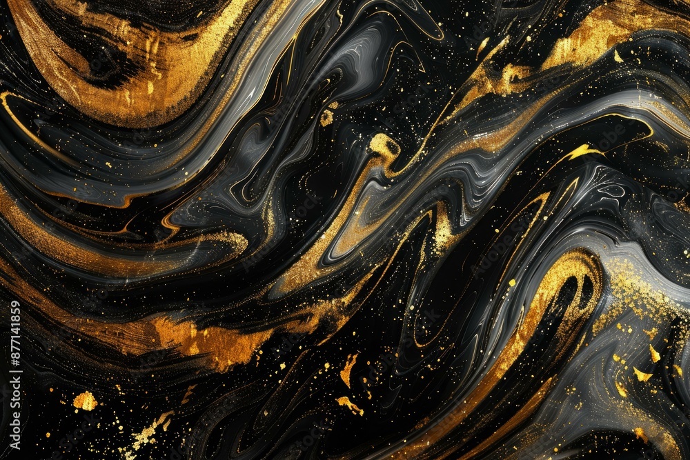 Poster artistic image featuring fluid golden patterns with glitter on a swirling black backdrop