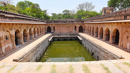 Naklejka premium View of Rajon ki Baoli, 15th-century Lodi era architecture, Mehrauli, Delhi, India.