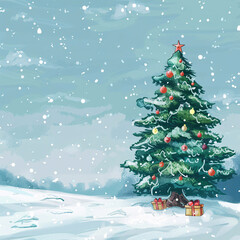 Obraz premium Christmas tree with snow and Red Ornaments and Lights White Holiday Season Traditional Illustration.