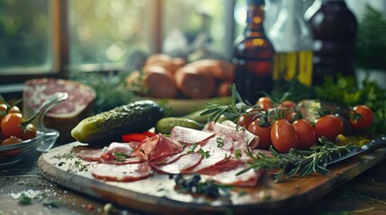 Rustic appetizer with mortadella marinated vegetables and pickles on table