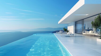 Fototapeta premium A large white house with a pool and a balcony overlooking the ocean
