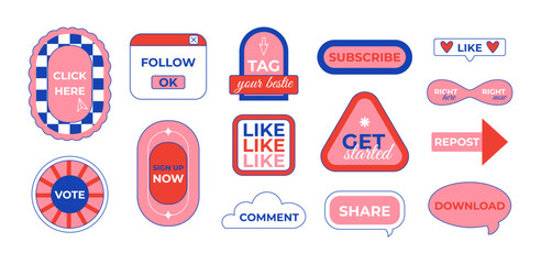 Call-to-action stickers set. Social media. Modern retro flat style. Clickable buttons for web. Vintage nostalgia. Marketing and communication. Vector isolated on white.