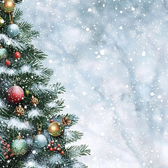 Obraz premium Christmas Tree with Snow and Red and Golden Christmas Ornaments Traditional Vintage Illustration.