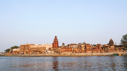 Fototapeta premium Beautiful ghat of Vrindavan with Jugak Kishorji Temple, Yamuna Ghat, Vrindavan, Mathura, Uttar Pradesh, India.