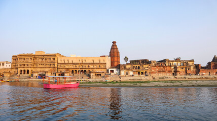 Beautiful ghat of Vrindavan with Jugak Kishorji Temple, Yamuna Ghat, Vrindavan, Mathura, Uttar...