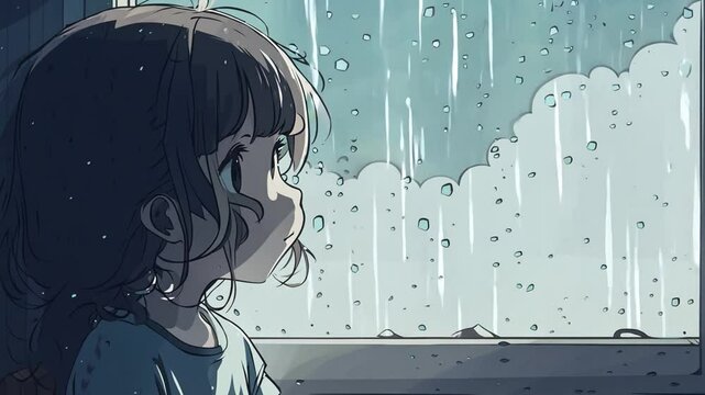 A young anime girl with long brown hair looks out a window at the rain falling outside.