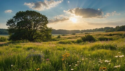 A vibrant meadow filled with tall green grass