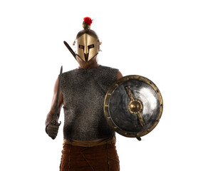 Naklejka premium portrait of a male Spartan warrior on a white background