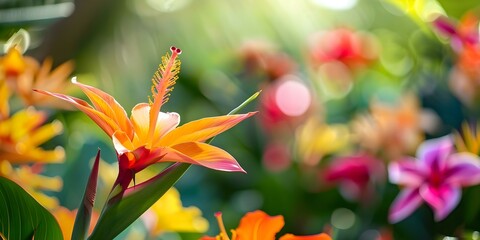 Vibrant tropical flowers attract pollinators with sweet fragrance in colorful paradise. Concept Tropical Flowers, Pollinators, Sweet Fragrance, Colorful Paradise, Vibrant Blooms