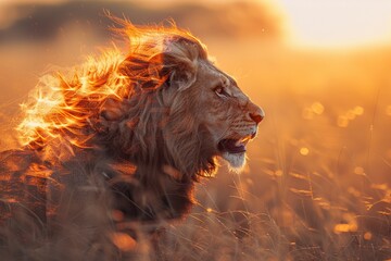 Naklejka premium A lion roaring, its mane merging with a savanna at sunset, Double exposure, Warm hues, Dynamic composition