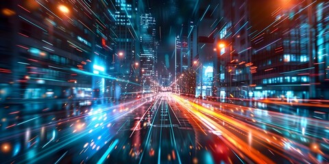 Vibrant urban night scene with futuristic lights and digital effects. Concept Futuristic Lights, Urban Night Scene, Digital Effects, Vibrant Colors