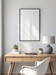 Mockup poster frame on the wall of home office room, modern interior design, frame mockup
