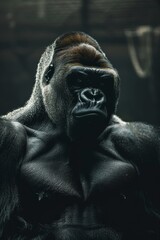 Obraz premium A tight shot of a gorilla's face as he places one hand on each side of his chest